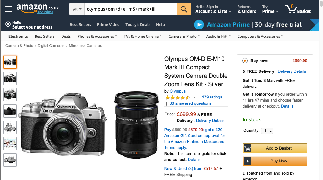 Screenshot of the Olympus OMD EM1 Mark III Camera on Amazon