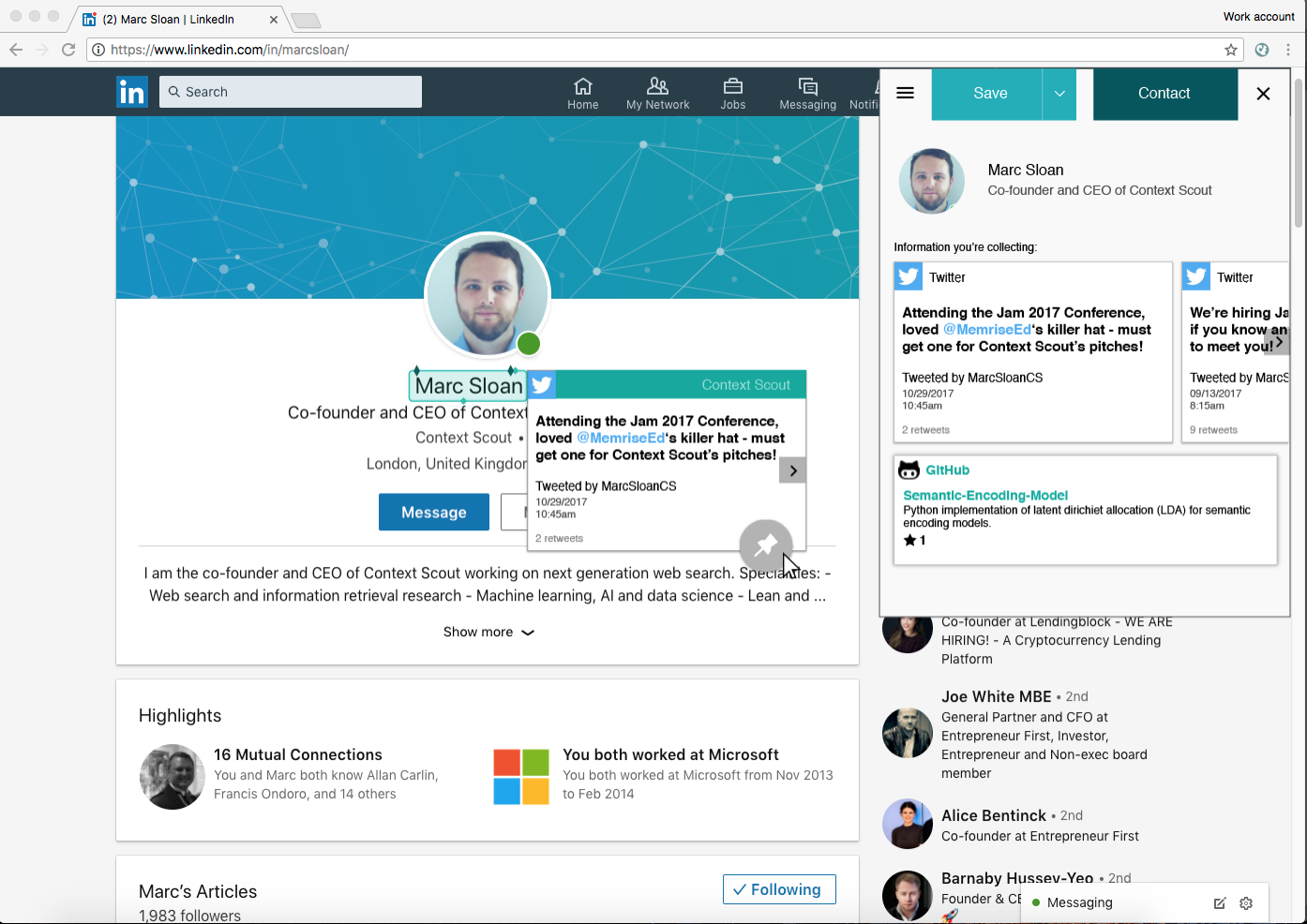 Screenshot of the Context Scout plugin operating on a LinkedIn profile