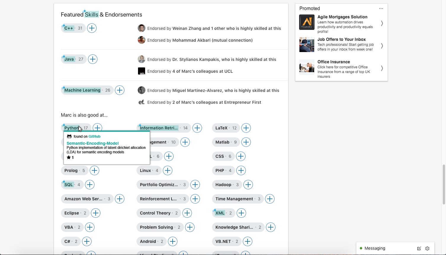 Screenshot of the Context Scout plugin operating on a LinkedIn profile skills section