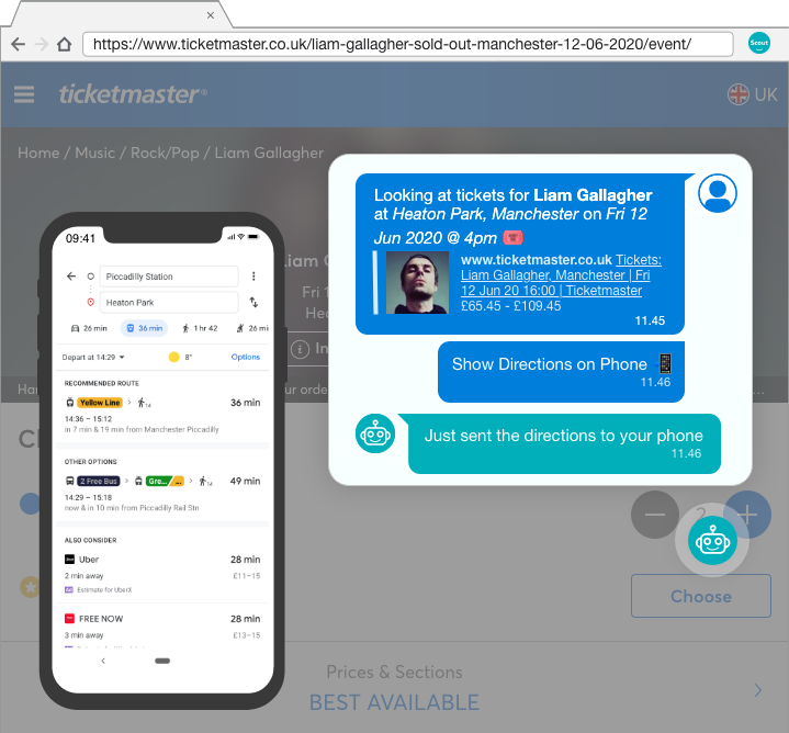 A web browser with a built in chatbot while a user is looking for Liam Gallagher tickets on Ticketmaster and having directions to the gig venue appear on their mobile phone