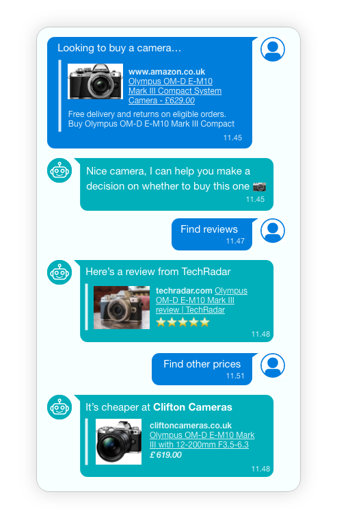 An example chat thread of a user trying to buy a camera online and the chatbot helping